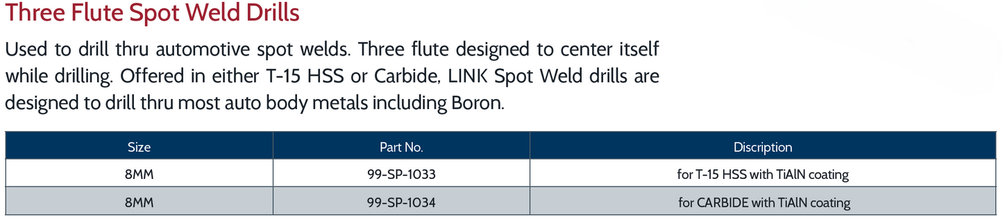 Three Flute Spot Weld Drills